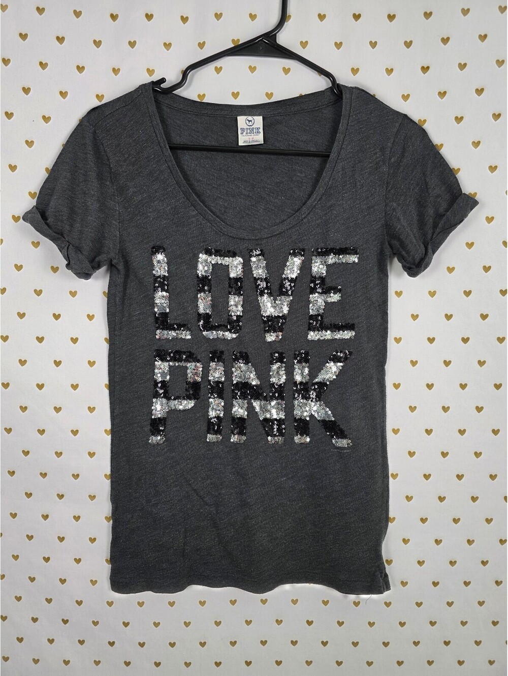 Victorias Secret PINK Bling Striped Sequined Tee shirt Grey Vintage y2k Small